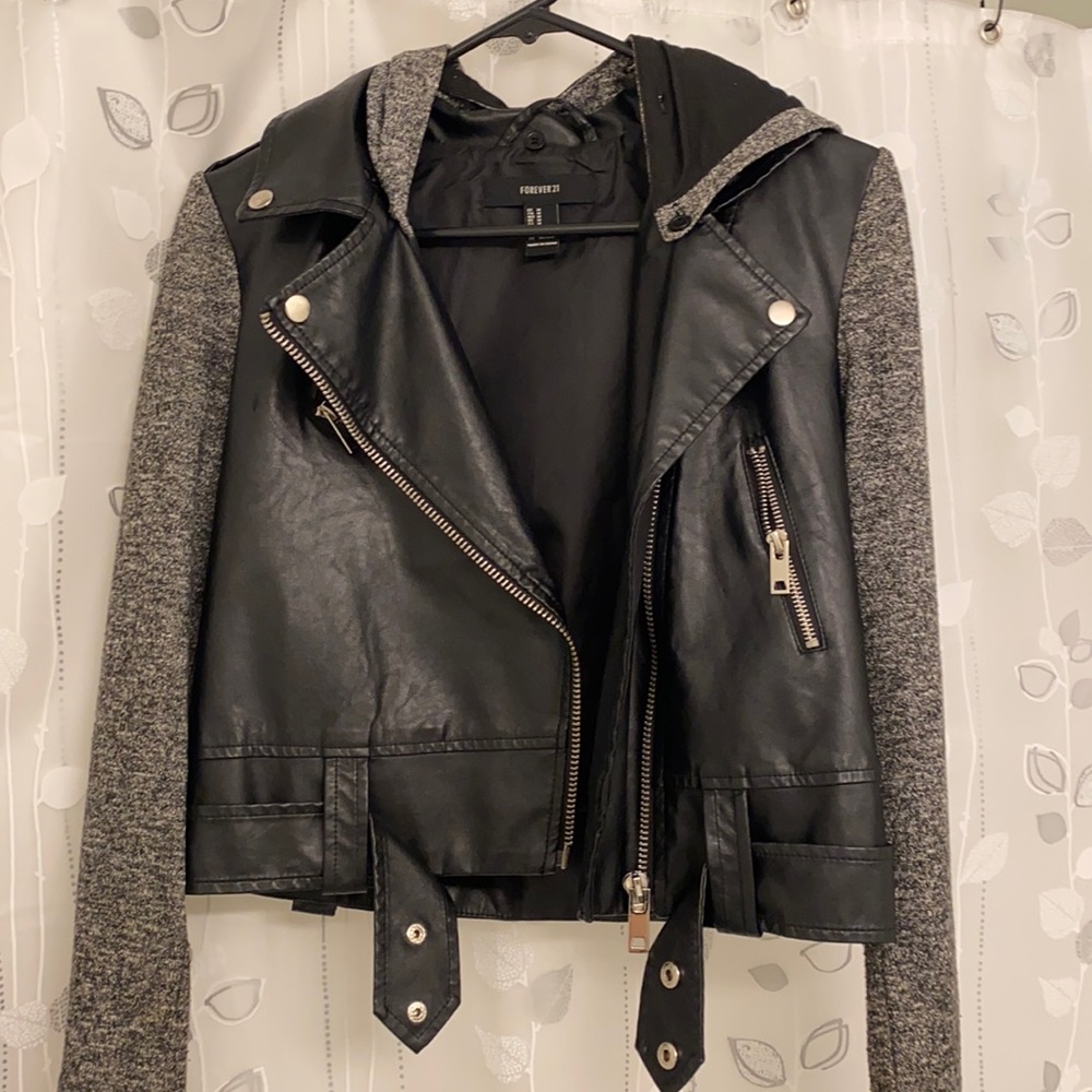 Faux leather semi cropped jacket/sweater sleeves